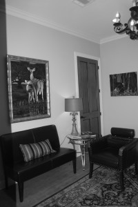 lobby of office black and white